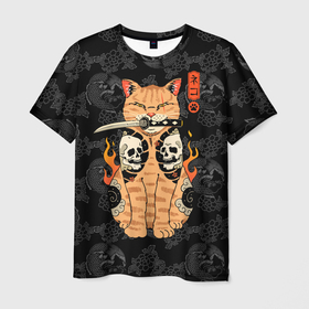 Мужская футболка 3D с принтом Огненный кот якудза в Белгороде, 100% полиэфир | прямой крой, круглый вырез горловины, длина до линии бедер | 