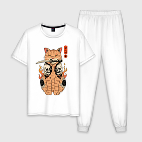 Мужская пижама хлопок с принтом Огненный кот якудза самурай в Новосибирске, 100% хлопок | брюки и футболка прямого кроя, без карманов, на брюках мягкая резинка на поясе и по низу штанин
 | Тематика изображения на принте: 