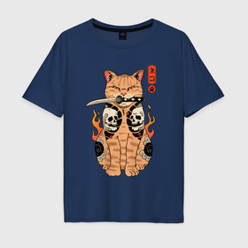 Мужская футболка хлопок Oversize с принтом Огненный кот якудза самурай в Белгороде, 100% хлопок | свободный крой, круглый ворот, “спинка” длиннее передней части | 