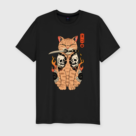 Мужская футболка хлопок Slim с принтом Огненный кот якудза самурай в Санкт-Петербурге, 92% хлопок, 8% лайкра | приталенный силуэт, круглый вырез ворота, длина до линии бедра, короткий рукав | Тематика изображения на принте: 