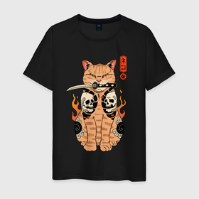 Мужская футболка хлопок с принтом Огненный кот якудза самурай в Санкт-Петербурге, 100% хлопок | прямой крой, круглый вырез горловины, длина до линии бедер, слегка спущенное плечо. | Тематика изображения на принте: 