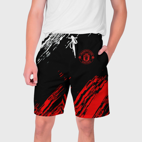 Мужские шорты 3D с принтом ФК Манчестер Юнайтед спортивные краски в Екатеринбурге,  полиэстер 100% | прямой крой, два кармана без застежек по бокам. Мягкая трикотажная резинка на поясе, внутри которой широкие завязки. Длина чуть выше колен | 