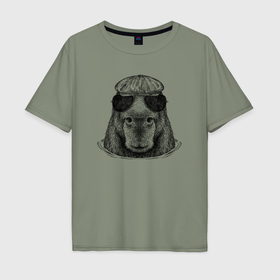 Мужская футболка хлопок Oversize с принтом Капибара хипстер купается в Тюмени, 100% хлопок | свободный крой, круглый ворот, “спинка” длиннее передней части | 