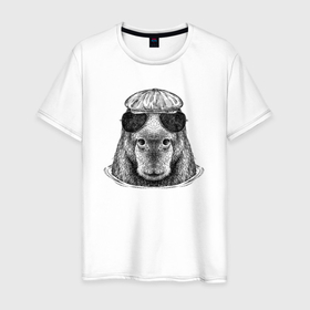 Мужская футболка хлопок с принтом Капибара хипстер купается в Тюмени, 100% хлопок | прямой крой, круглый вырез горловины, длина до линии бедер, слегка спущенное плечо. | 