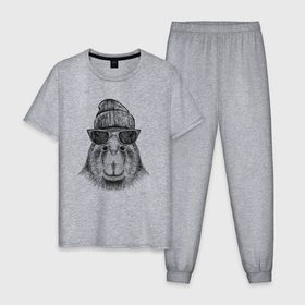 Мужская пижама хлопок с принтом Капибара хипстер в Тюмени, 100% хлопок | брюки и футболка прямого кроя, без карманов, на брюках мягкая резинка на поясе и по низу штанин
 | 