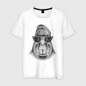 Мужская футболка хлопок с принтом Капибара хипстер в Тюмени, 100% хлопок | прямой крой, круглый вырез горловины, длина до линии бедер, слегка спущенное плечо. | 