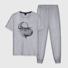 Мужская пижама хлопок с принтом Капибара в кепке в Курске, 100% хлопок | брюки и футболка прямого кроя, без карманов, на брюках мягкая резинка на поясе и по низу штанин
 | 