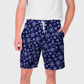 Мужские шорты 3D с принтом Снежный новогодний паттерн сине фиолетовый ,  полиэстер 100% | прямой крой, два кармана без застежек по бокам. Мягкая трикотажная резинка на поясе, внутри которой широкие завязки. Длина чуть выше колен | 