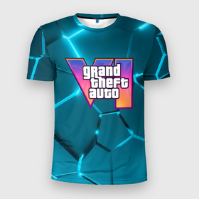 Мужская футболка 3D Slim с принтом GTA 6 лого на фоне разлома голубых плит в Тюмени, 100% полиэстер с улучшенными характеристиками | приталенный силуэт, круглая горловина, широкие плечи, сужается к линии бедра | 