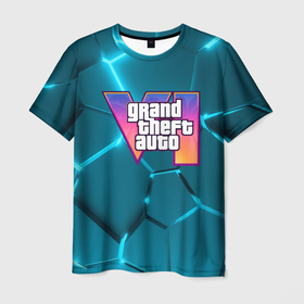 Мужская футболка 3D с принтом GTA 6 лого на фоне разлома голубых плит в Петрозаводске, 100% полиэфир | прямой крой, круглый вырез горловины, длина до линии бедер | 