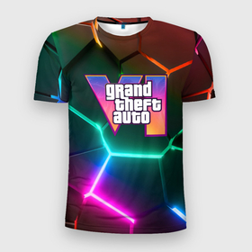 Мужская футболка 3D Slim с принтом GTA 6 лого на фоне разлома разноцветных плит в Санкт-Петербурге, 100% полиэстер с улучшенными характеристиками | приталенный силуэт, круглая горловина, широкие плечи, сужается к линии бедра | 