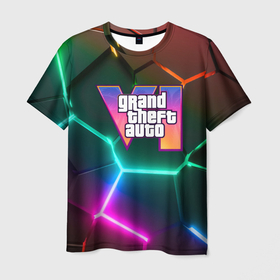 Мужская футболка 3D с принтом GTA 6 лого на фоне разлома разноцветных плит в Петрозаводске, 100% полиэфир | прямой крой, круглый вырез горловины, длина до линии бедер | 