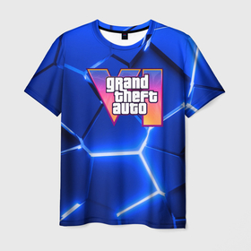 Мужская футболка 3D с принтом GTA 6 лого на фоне разлома синих плит в Кировске, 100% полиэфир | прямой крой, круглый вырез горловины, длина до линии бедер | 