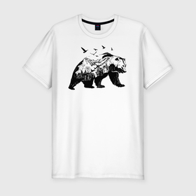 Мужская футболка хлопок Slim с принтом Силуэт тайги в медведе в Петрозаводске, 92% хлопок, 8% лайкра | приталенный силуэт, круглый вырез ворота, длина до линии бедра, короткий рукав | Тематика изображения на принте: 