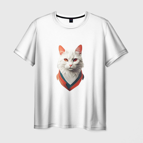 Мужская футболка 3D с принтом Белый кот от ai , 100% полиэфир | прямой крой, круглый вырез горловины, длина до линии бедер | 