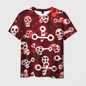 Мужская футболка 3D с принтом Белые черепки и кости на красном фоне в Белгороде, 100% полиэфир | прямой крой, круглый вырез горловины, длина до линии бедер | 
