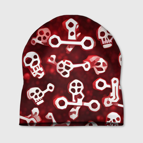 Шапка 3D с принтом Белые черепки и кости на красном фоне в Кировске, 100% полиэстер | универсальный размер, печать по всей поверхности изделия | 