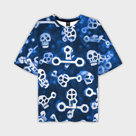 Мужская футболка oversize 3D с принтом Белые черепки и кости на синем в Белгороде,  |  | 