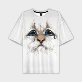 Мужская футболка oversize 3D с принтом Белый плачущий кот в Тюмени,  |  | Тематика изображения на принте: 
