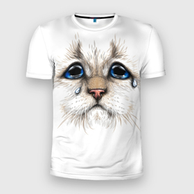 Мужская футболка 3D Slim с принтом Белый плачущий кот в Тюмени, 100% полиэстер с улучшенными характеристиками | приталенный силуэт, круглая горловина, широкие плечи, сужается к линии бедра | Тематика изображения на принте: 