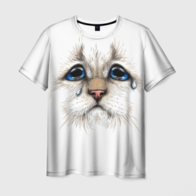 Мужская футболка 3D с принтом Белый плачущий кот в Белгороде, 100% полиэфир | прямой крой, круглый вырез горловины, длина до линии бедер | 