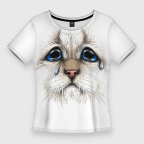 Женская футболка 3D Slim с принтом Белый плачущий кот в Тюмени,  |  | 