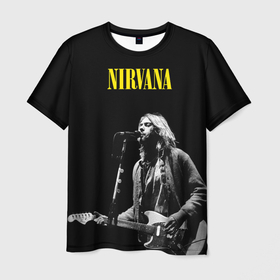 Мужская футболка 3D с принтом Группа Nirvana Курт Кобейн в Новосибирске, 100% полиэфир | прямой крой, круглый вырез горловины, длина до линии бедер | 