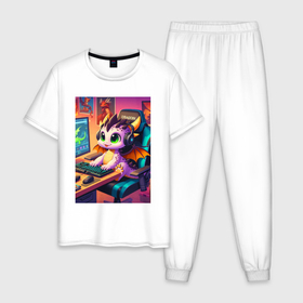 Мужская пижама хлопок с принтом Дракончик игроман   фантазия в Санкт-Петербурге, 100% хлопок | брюки и футболка прямого кроя, без карманов, на брюках мягкая резинка на поясе и по низу штанин
 | 