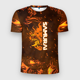 Мужская футболка 3D Slim с принтом Samurai огненное лого в Екатеринбурге, 100% полиэстер с улучшенными характеристиками | приталенный силуэт, круглая горловина, широкие плечи, сужается к линии бедра | 