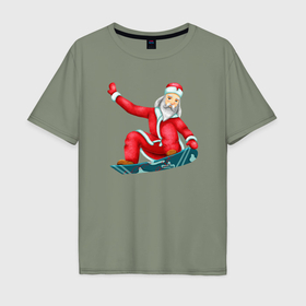 Мужская футболка хлопок Oversize с принтом Дед Мороз сноубордист , 100% хлопок | свободный крой, круглый ворот, “спинка” длиннее передней части | 