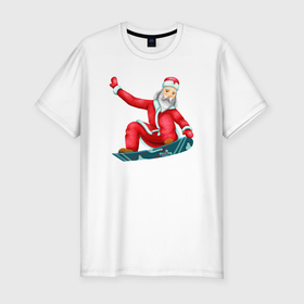 Мужская футболка хлопок Slim с принтом Дед Мороз сноубордист в Новосибирске, 92% хлопок, 8% лайкра | приталенный силуэт, круглый вырез ворота, длина до линии бедра, короткий рукав | 
