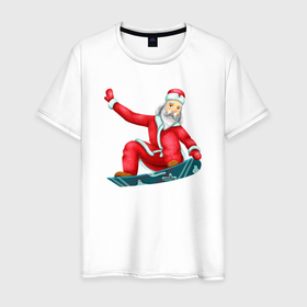 Мужская футболка хлопок с принтом Дед Мороз сноубордист в Санкт-Петербурге, 100% хлопок | прямой крой, круглый вырез горловины, длина до линии бедер, слегка спущенное плечо. | Тематика изображения на принте: 