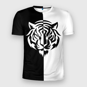 Мужская футболка 3D Slim с принтом Тигр  чёрно белый в Санкт-Петербурге, 100% полиэстер с улучшенными характеристиками | приталенный силуэт, круглая горловина, широкие плечи, сужается к линии бедра | Тематика изображения на принте: 