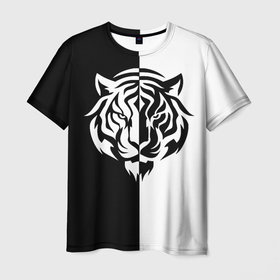 Мужская футболка 3D с принтом Тигр  чёрно белый в Санкт-Петербурге, 100% полиэфир | прямой крой, круглый вырез горловины, длина до линии бедер | Тематика изображения на принте: 