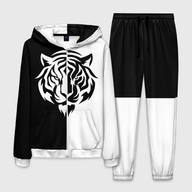 Мужской костюм 3D с принтом Тигр  чёрно белый , 100% полиэстер | Манжеты и пояс оформлены тканевой резинкой, двухслойный капюшон со шнурком для регулировки, карманы спереди | 