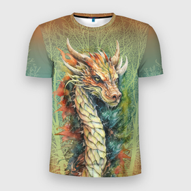 Мужская футболка 3D Slim с принтом Зеленый древесный дракон с деревьями в Белгороде, 100% полиэстер с улучшенными характеристиками | приталенный силуэт, круглая горловина, широкие плечи, сужается к линии бедра | 
