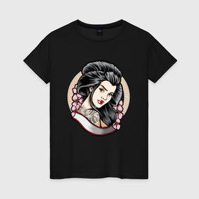 Женская футболка хлопок с принтом Девушка с татуировкой дракона , 100% хлопок | прямой крой, круглый вырез горловины, длина до линии бедер, слегка спущенное плечо | 