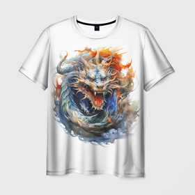 Мужская футболка 3D с принтом Портрет китайского дракона символа Нового года в Санкт-Петербурге, 100% полиэфир | прямой крой, круглый вырез горловины, длина до линии бедер | 