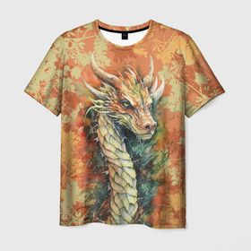 Мужская футболка 3D с принтом Зеленый древесный дракон с листьями в Тюмени, 100% полиэфир | прямой крой, круглый вырез горловины, длина до линии бедер | Тематика изображения на принте: 