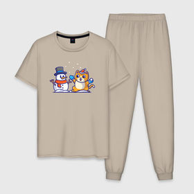 Мужская пижама хлопок с принтом Снеговик и котик в Тюмени, 100% хлопок | брюки и футболка прямого кроя, без карманов, на брюках мягкая резинка на поясе и по низу штанин
 | 