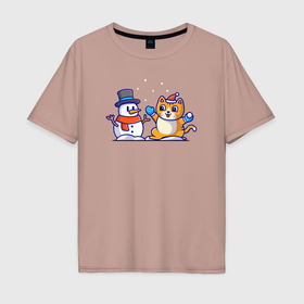 Мужская футболка хлопок Oversize с принтом Снеговик и котик в Тюмени, 100% хлопок | свободный крой, круглый ворот, “спинка” длиннее передней части | 