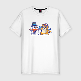 Мужская футболка хлопок Slim с принтом Снеговик и котик в Курске, 92% хлопок, 8% лайкра | приталенный силуэт, круглый вырез ворота, длина до линии бедра, короткий рукав | 