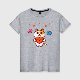 Женская футболка хлопок с принтом Heart cat в Белгороде, 100% хлопок | прямой крой, круглый вырез горловины, длина до линии бедер, слегка спущенное плечо | Тематика изображения на принте: 