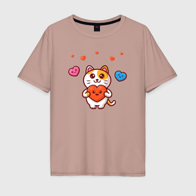 Мужская футболка хлопок Oversize с принтом Heart cat в Белгороде, 100% хлопок | свободный крой, круглый ворот, “спинка” длиннее передней части | Тематика изображения на принте: 