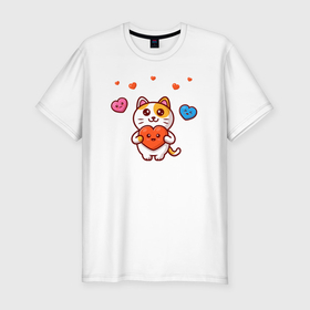 Мужская футболка хлопок Slim с принтом Heart cat в Белгороде, 92% хлопок, 8% лайкра | приталенный силуэт, круглый вырез ворота, длина до линии бедра, короткий рукав | Тематика изображения на принте: 