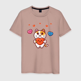Мужская футболка хлопок с принтом Heart cat в Белгороде, 100% хлопок | прямой крой, круглый вырез горловины, длина до линии бедер, слегка спущенное плечо. | Тематика изображения на принте: 