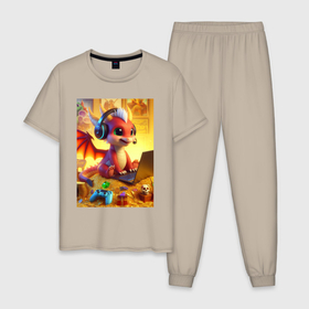 Мужская пижама хлопок с принтом Милашка дракончик   заядлый геймер , 100% хлопок | брюки и футболка прямого кроя, без карманов, на брюках мягкая резинка на поясе и по низу штанин
 | Тематика изображения на принте: 