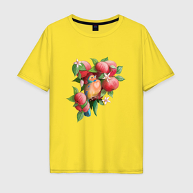 Мужская футболка хлопок Oversize с принтом Птица в яблоках в Санкт-Петербурге, 100% хлопок | свободный крой, круглый ворот, “спинка” длиннее передней части | Тематика изображения на принте: 
