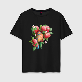Женская футболка хлопок Oversize с принтом Птица в яблоках , 100% хлопок | свободный крой, круглый ворот, спущенный рукав, длина до линии бедер
 | 
