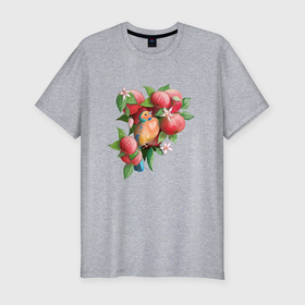 Мужская футболка хлопок Slim с принтом Птица в яблоках в Санкт-Петербурге, 92% хлопок, 8% лайкра | приталенный силуэт, круглый вырез ворота, длина до линии бедра, короткий рукав | Тематика изображения на принте: 